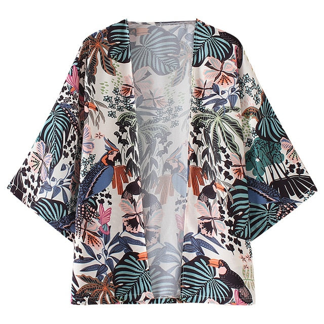 Chiffon Kimono Beach Cardigan – Bird & Leaf Print | same ANTHEM - GREEN / S