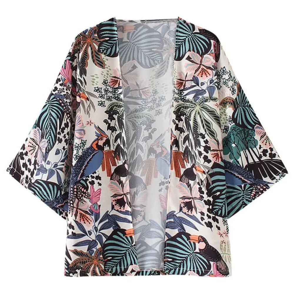 Chiffon Kimono Beach Cardigan – Bird & Leaf Print | same ANTHEM - GREEN / S