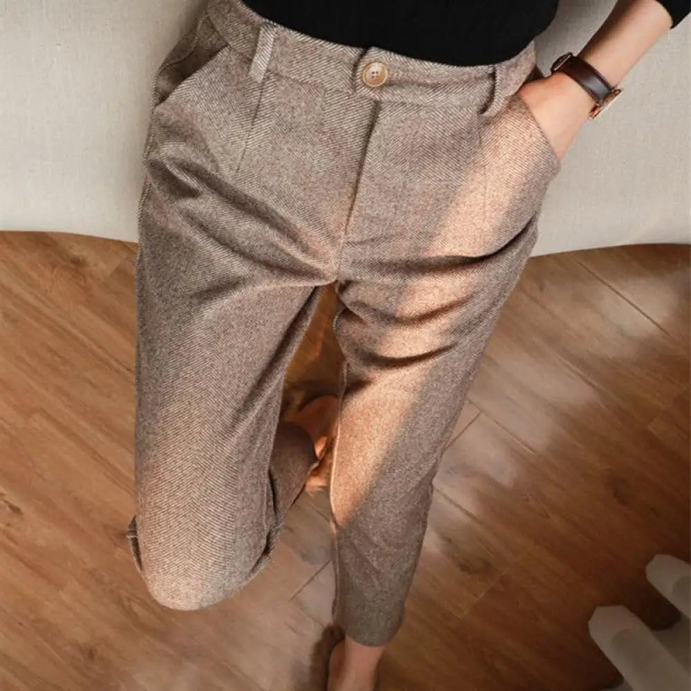 Women’s Solid Color Wool-Like Tapered Trousers Classic Ankle-Length Pants For Office And Formal Wear - Pants