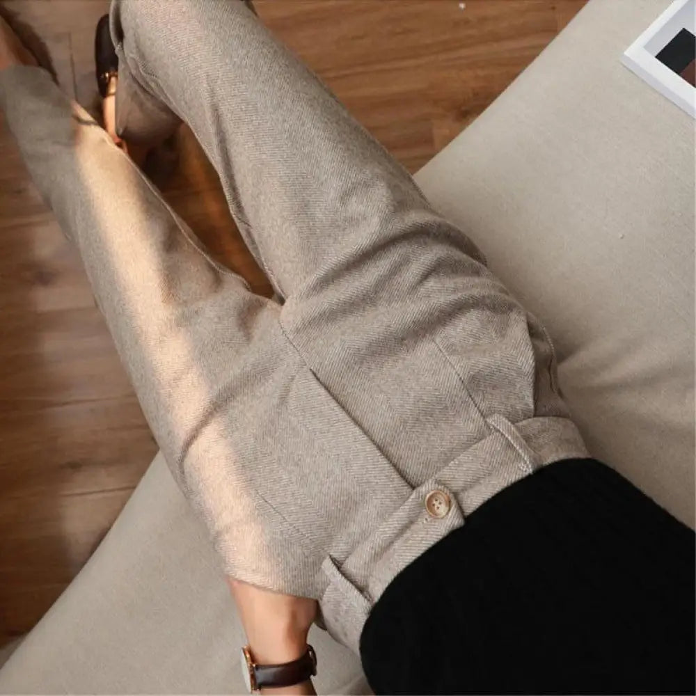 Women’s Solid Color Wool-Like Tapered Trousers Classic Ankle-Length Pants For Office And Formal Wear - Pants