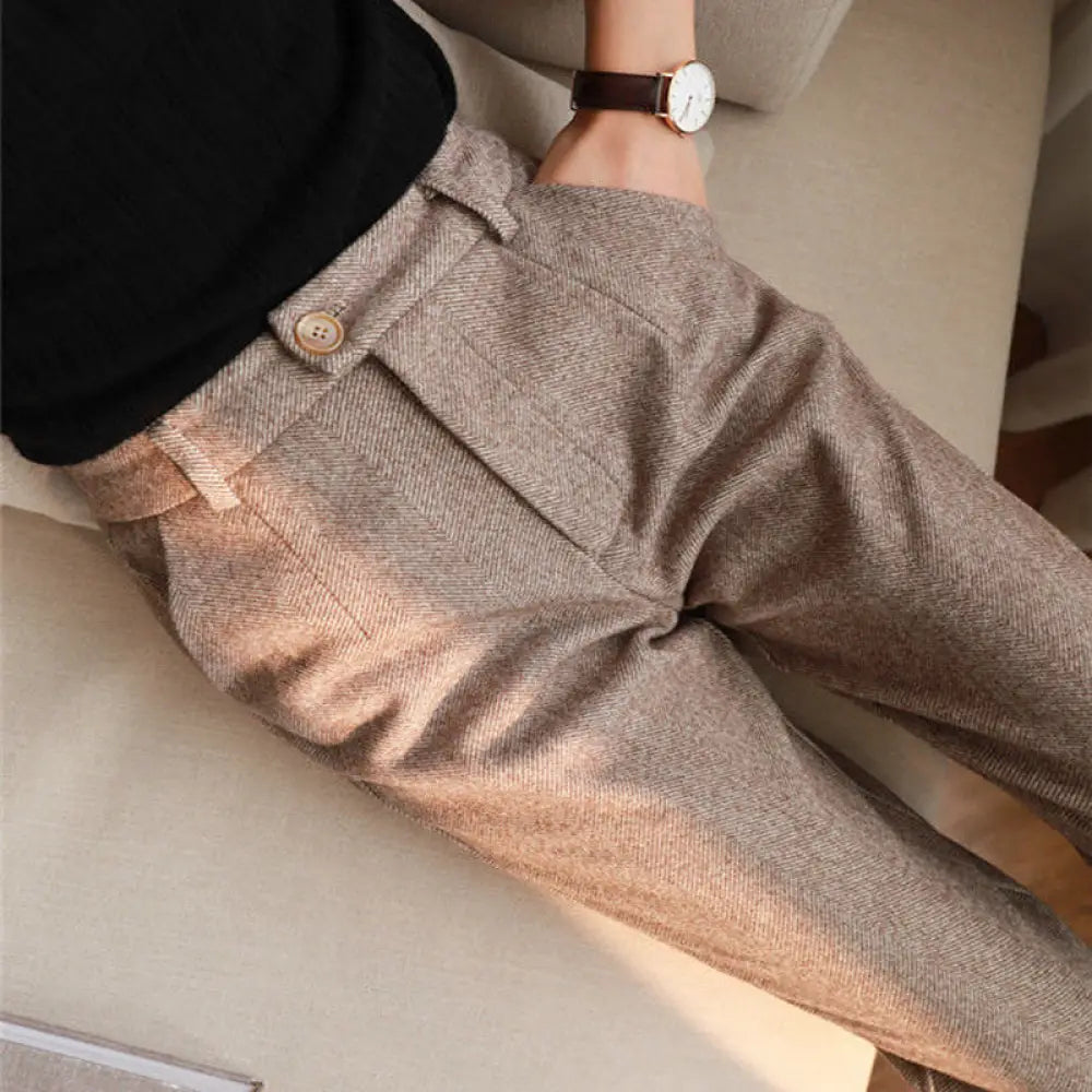 Women’s Solid Color Wool-Like Tapered Trousers Classic Ankle-Length Pants For Office And Formal Wear - Pants