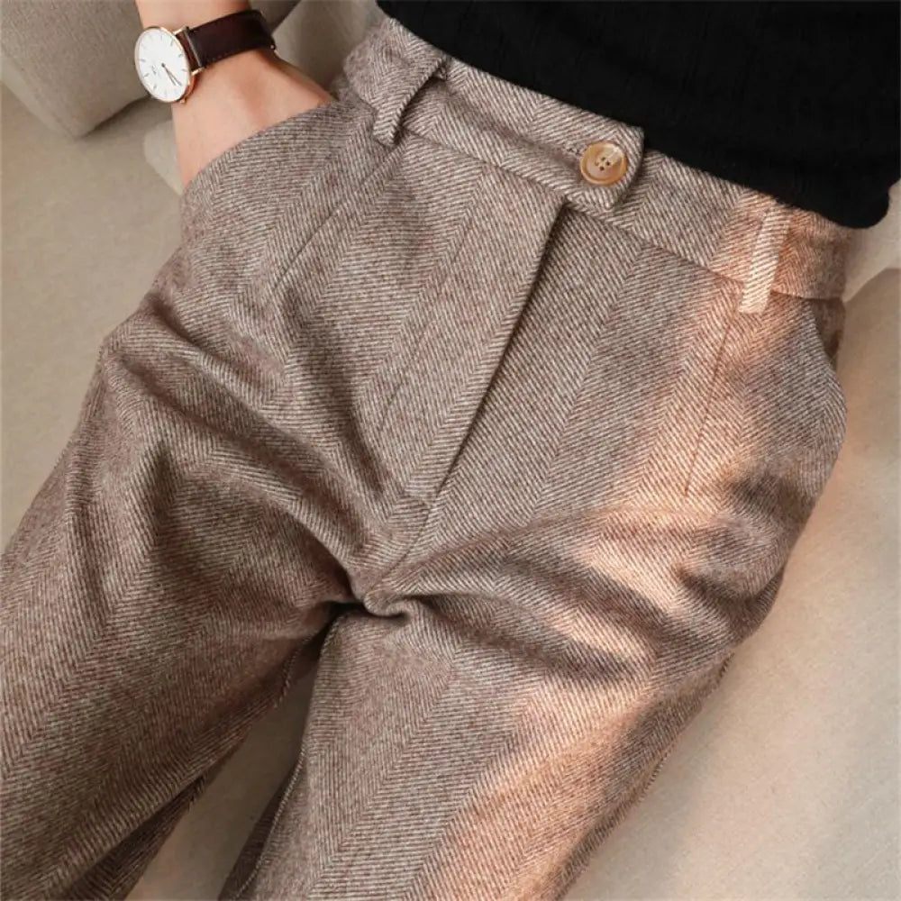 Women’s Solid Color Wool-Like Tapered Trousers Classic Ankle-Length Pants For Office And Formal Wear - Coffee / L