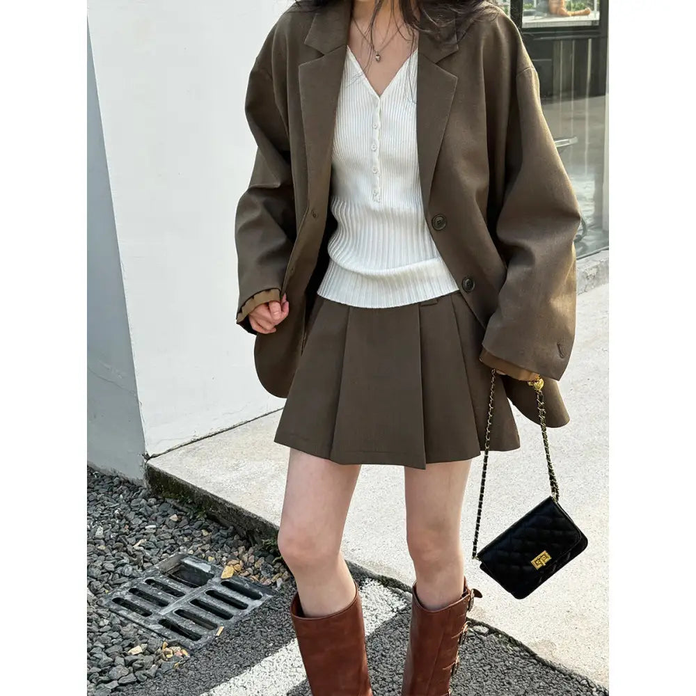 Classic Chic Cuff Blazer & Pleated Skirt Set | same ANTHEM