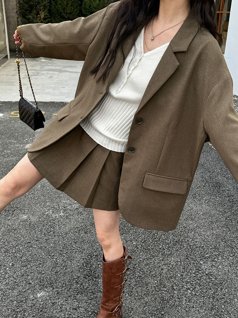 Classic Chic Cuff Blazer & Pleated Skirt Set | same ANTHEM - Tea Brown / M