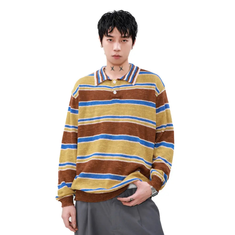Colar Knit Striped Sweater Men | Casual Streetwear | same ANTHEM. - Yellow / M
