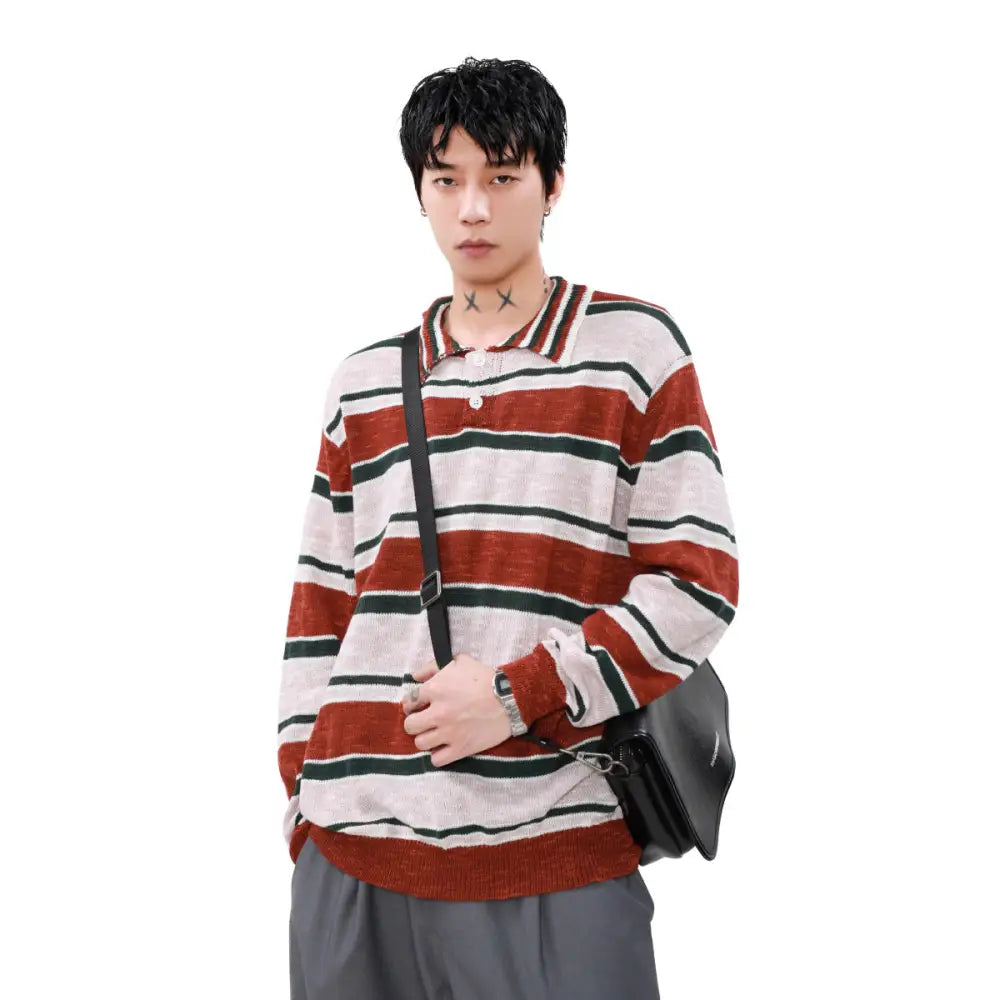 Colar Knit Striped Sweater Men | Casual Streetwear | same ANTHEM. - Red / M