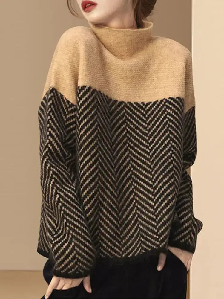 Contrast Patchwork Pullover Sweater Women | Casual Knitted Autumn Top | same ANTHEM. - Khaki / One Size