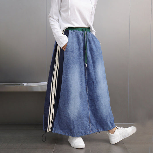 Contrasting Splicing Denim Skirt – Hong Kong Style Loose A-Line | same ANTHEM