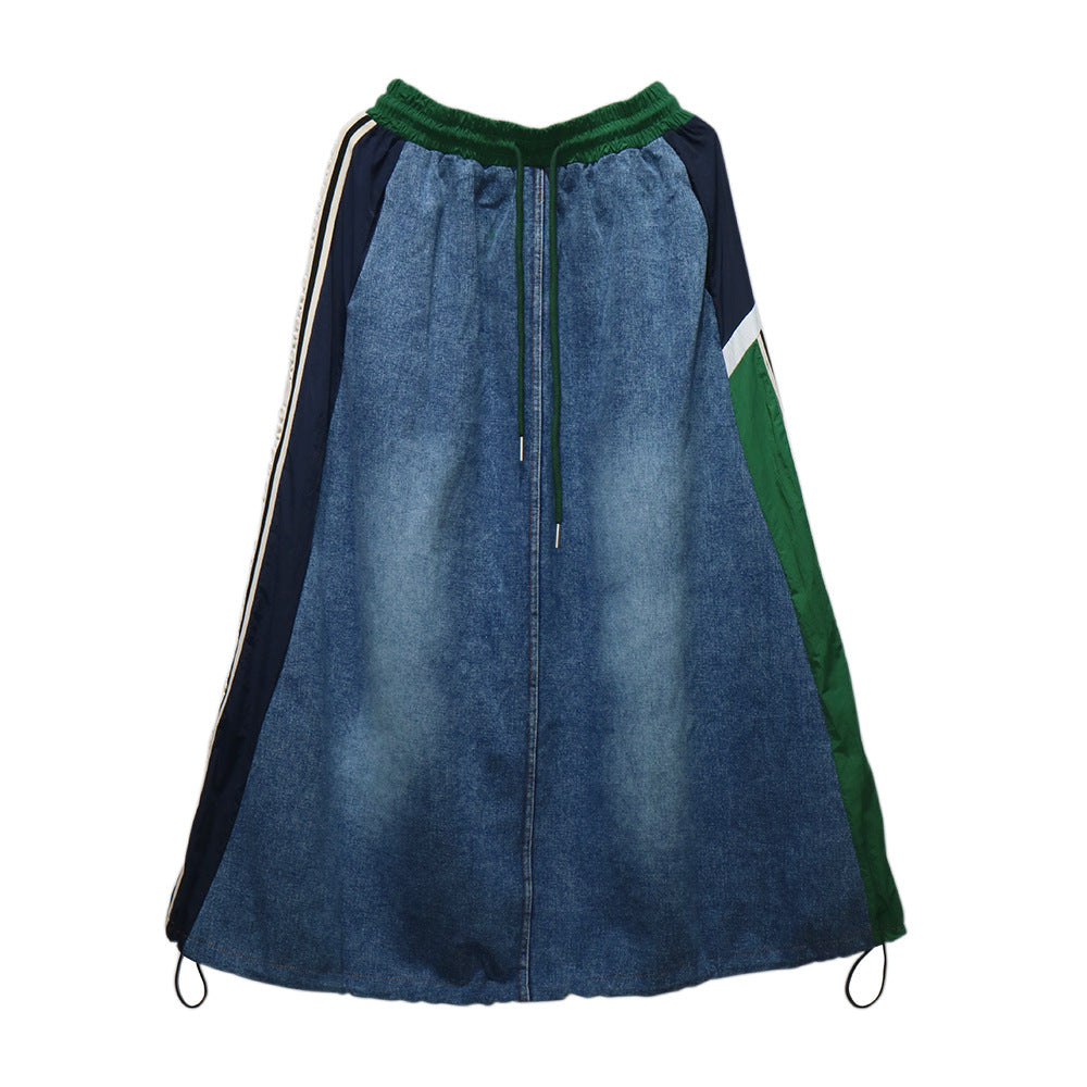 Contrasting Splicing Denim Skirt – Hong Kong Style Loose A-Line | same ANTHEM - Green / One size