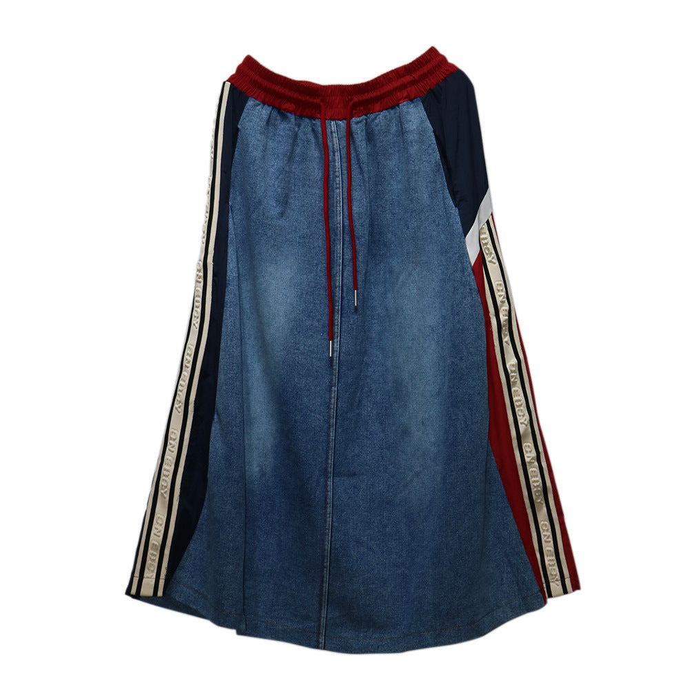 Contrasting Splicing Denim Skirt – Hong Kong Style Loose A-Line | same ANTHEM - Red / One size