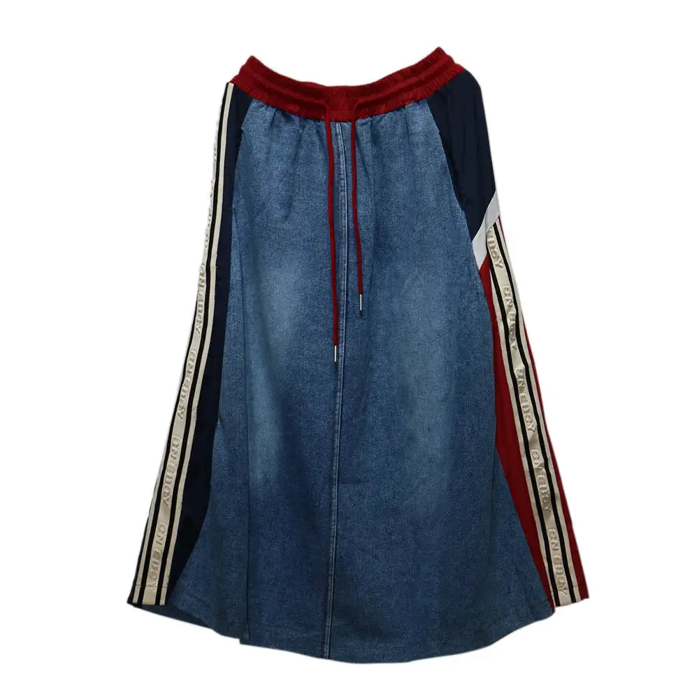 Contrasting Splicing Denim Skirt – Hong Kong Style Loose A-Line | same ANTHEM - Red / One size