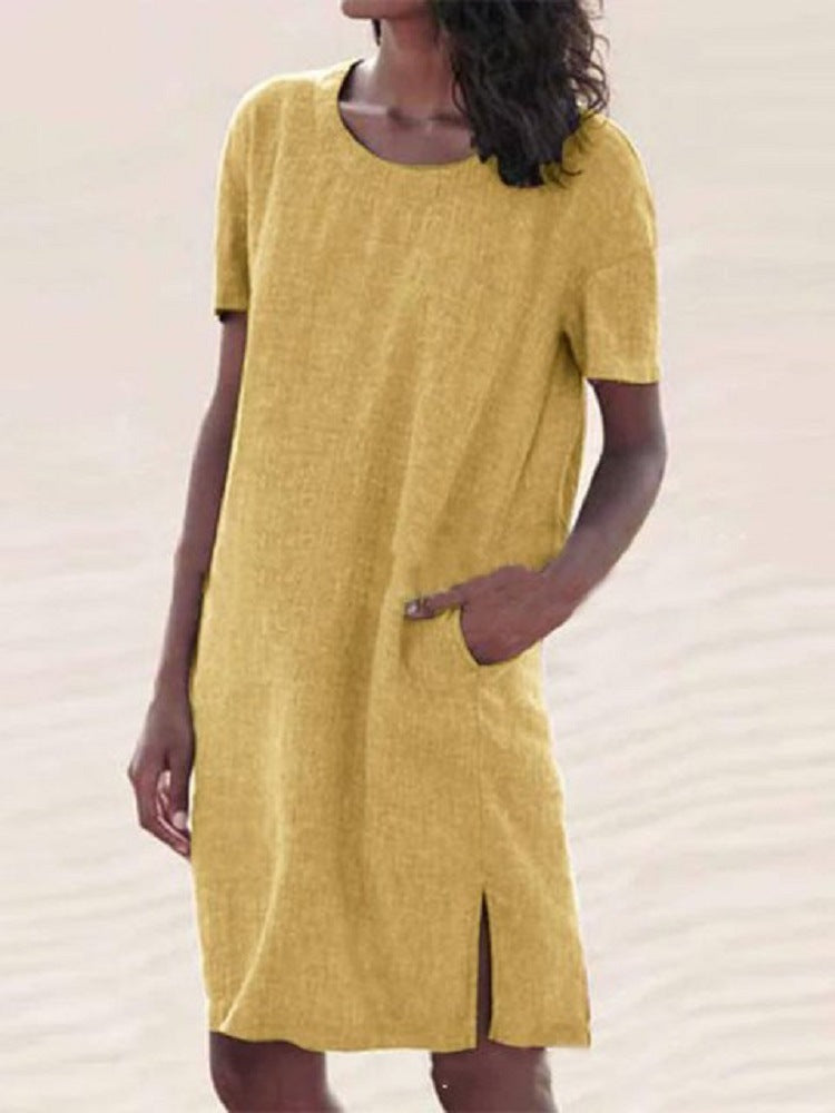 Cotton and Linen Multicolor T-Shirt Dress | Easy Summer Beach Dress | same ANTHEM - Yellow / 2XL