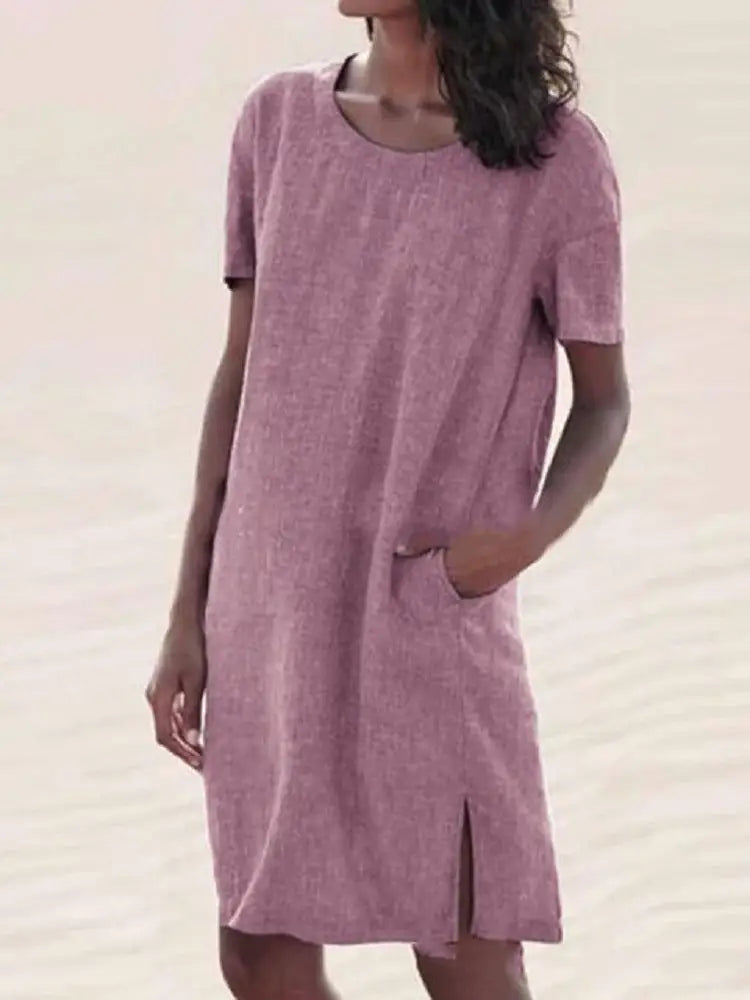 Cotton and Linen Multicolor T-Shirt Dress | Easy Summer Beach Dress | same ANTHEM - Pink / 2XL