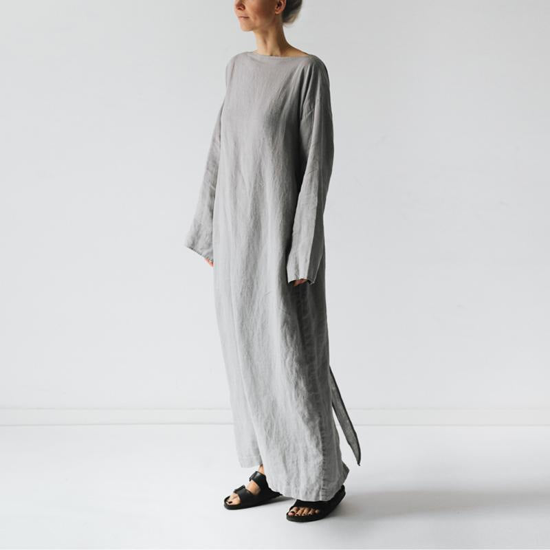 Cotton & Linen Long-Sleeved Lace-Up Dress – Korean Style | same ANTHEM - Grey / S