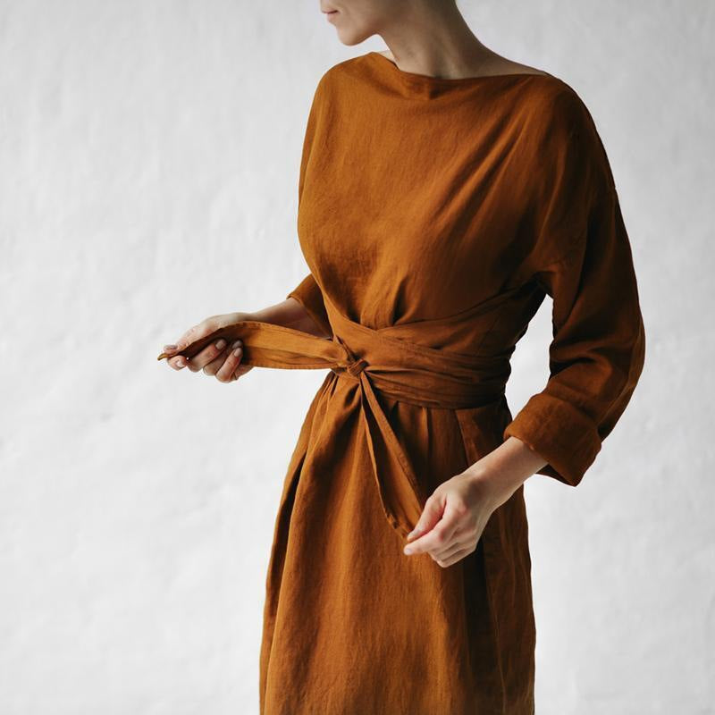 Cotton & Linen Long-Sleeved Lace-Up Dress – Korean Style | same ANTHEM - Coffee / S