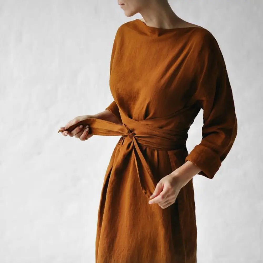 Cotton & Linen Long-Sleeved Lace-Up Dress – Korean Style | same ANTHEM - Coffee / S