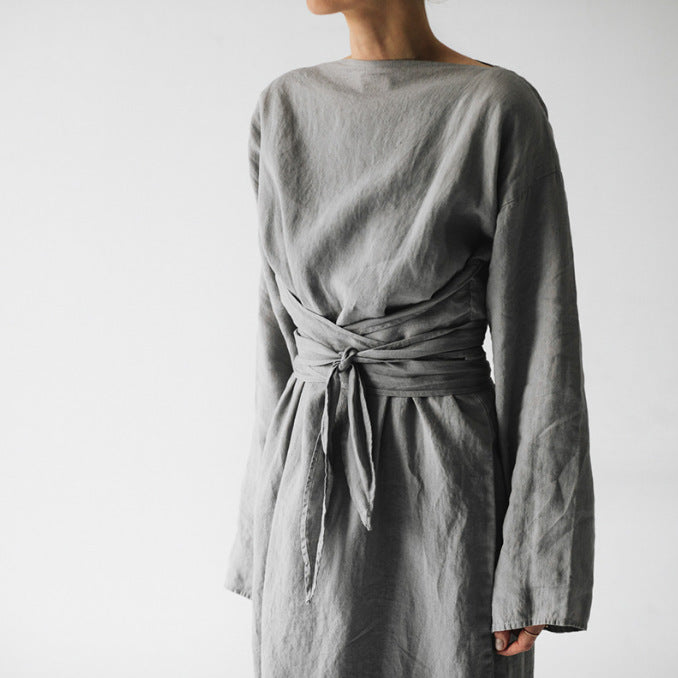 Cotton & Linen Long-Sleeved Lace-Up Dress – Korean Style | same ANTHEM