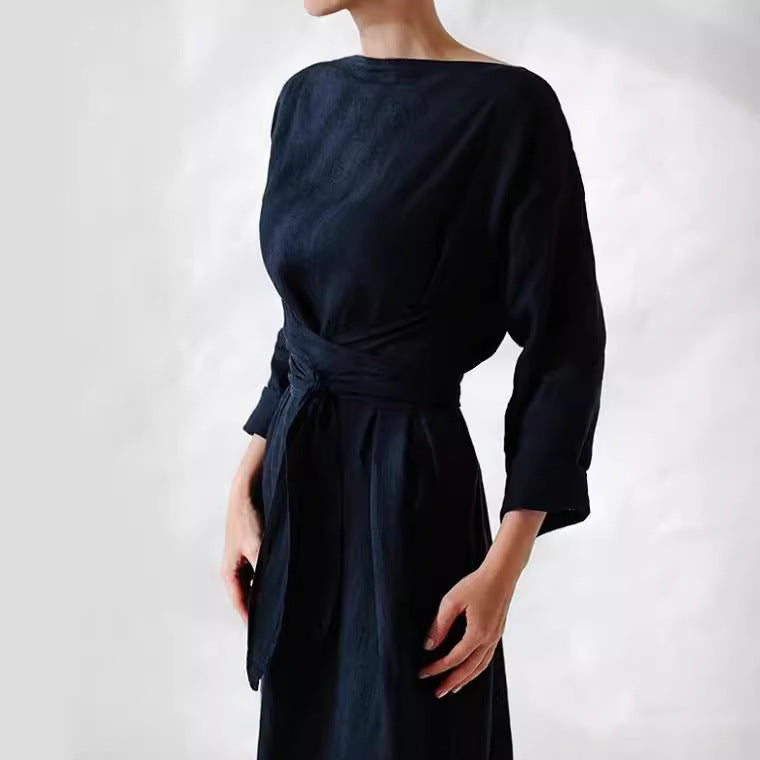 Cotton & Linen Long-Sleeved Lace-Up Dress – Korean Style | same ANTHEM