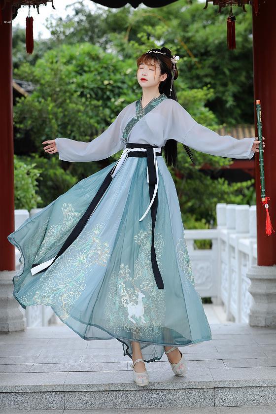 Couples Wei & Jin Style Cross-collar Dress for Lovers | Hanfu Suit | Same Anthem - Navy blue 2piece set / L