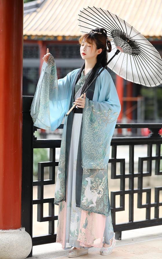 Couples Wei & Jin Style Cross-collar Dress for Lovers | Hanfu Suit | Same Anthem - Blue big sleeve shirt / L