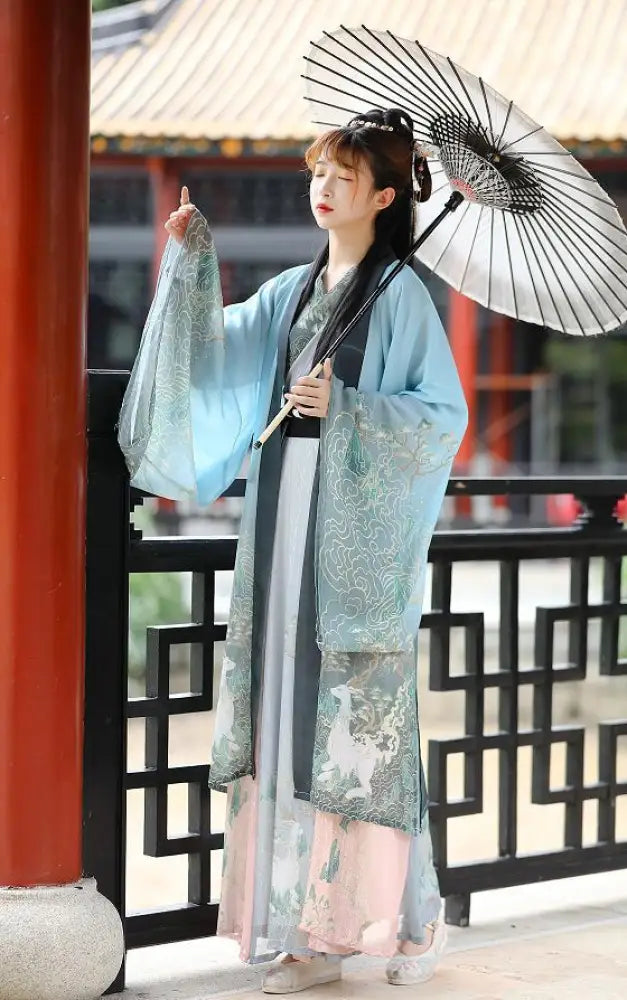 Couples Wei & Jin Style Cross-collar Dress for Lovers | Hanfu Suit | Same Anthem - Blue big sleeve shirt / L