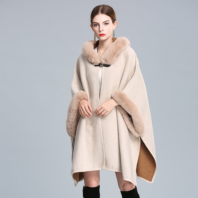 Cozy Woolen Hooded Cardigan Cape | same ANTHEM. - Beige / one size