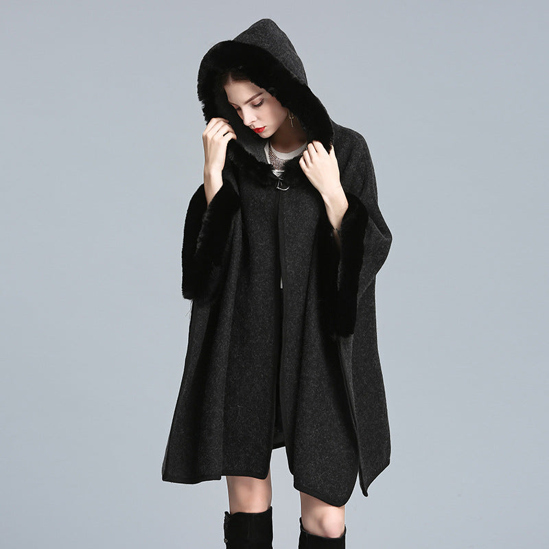 Cozy Woolen Hooded Cardigan Cape | same ANTHEM. - black / one size