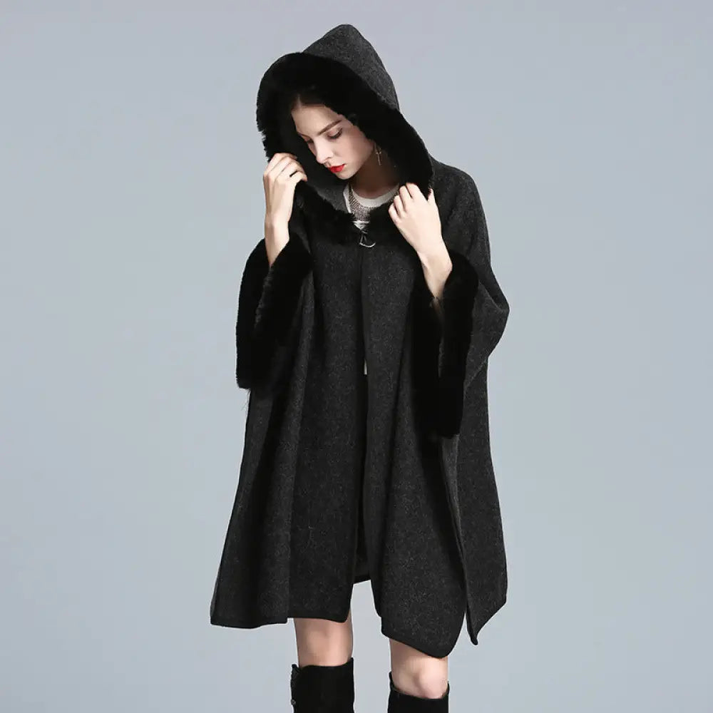 Cozy Woolen Hooded Cardigan Cape | same ANTHEM. - black / one size