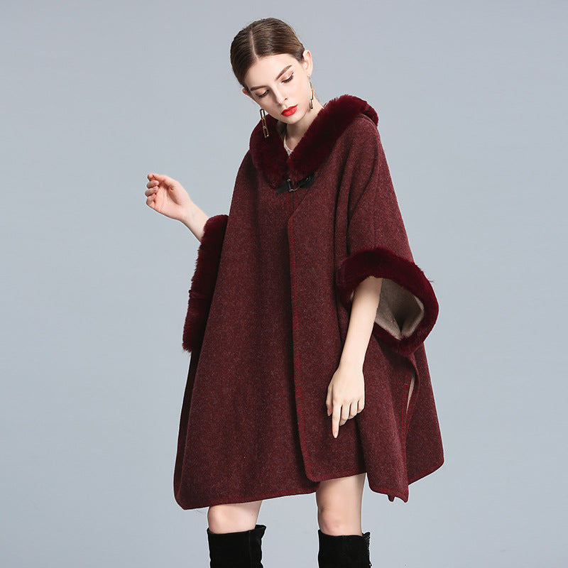 Cozy Woolen Hooded Cardigan Cape | same ANTHEM. - Wine Red / one size