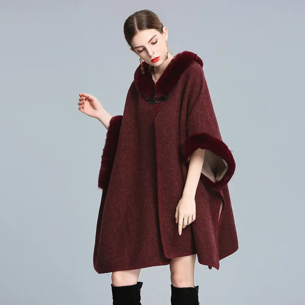 Cozy Woolen Hooded Cardigan Cape | same ANTHEM. - Wine Red / one size