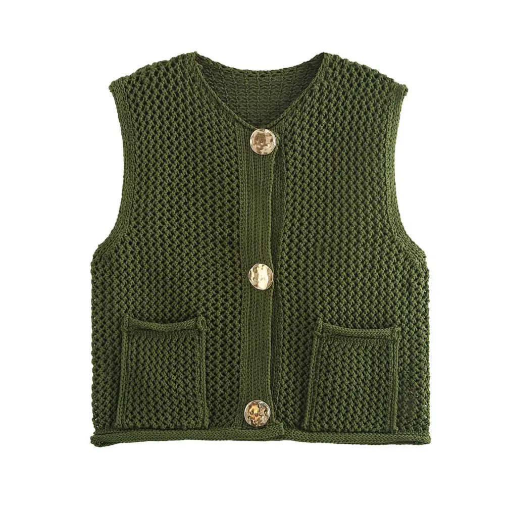 Crochet Hollow Vest – Versatile Round Neck | Soulmate Streetwear by same ANTHEM. - Military Green / One Size
