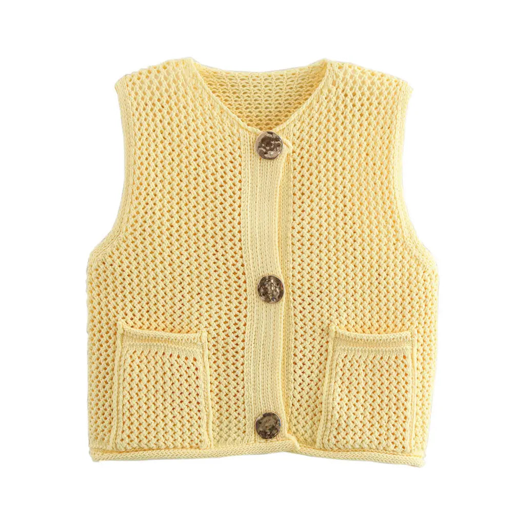 Crochet Hollow Vest – Versatile Round Neck | Soulmate Streetwear by same ANTHEM. - Light Yellow / One Size