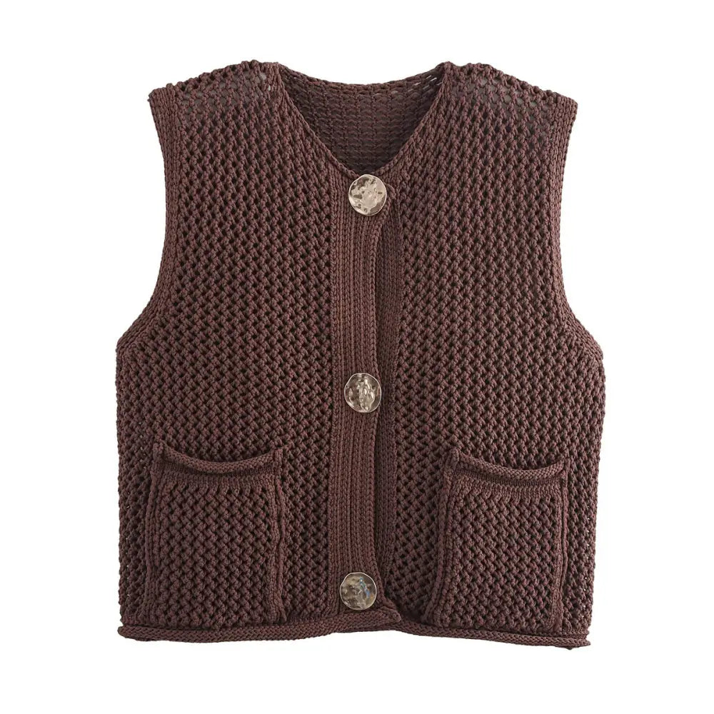 Crochet Hollow Vest – Versatile Round Neck | Soulmate Streetwear by same ANTHEM. - Dark Brown / One Size