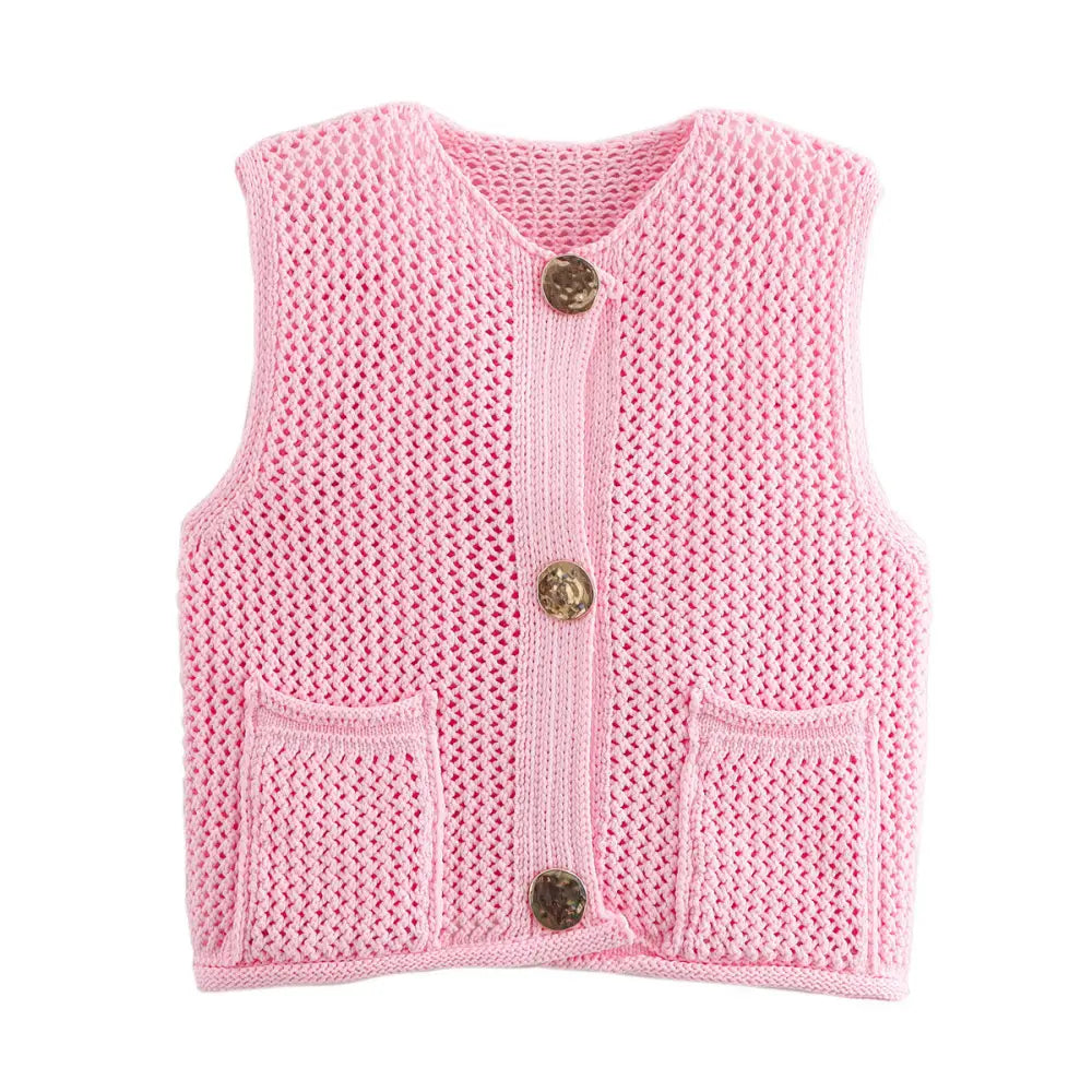 Crochet Hollow Vest – Versatile Round Neck | Soulmate Streetwear by same ANTHEM. - Pink / One Size