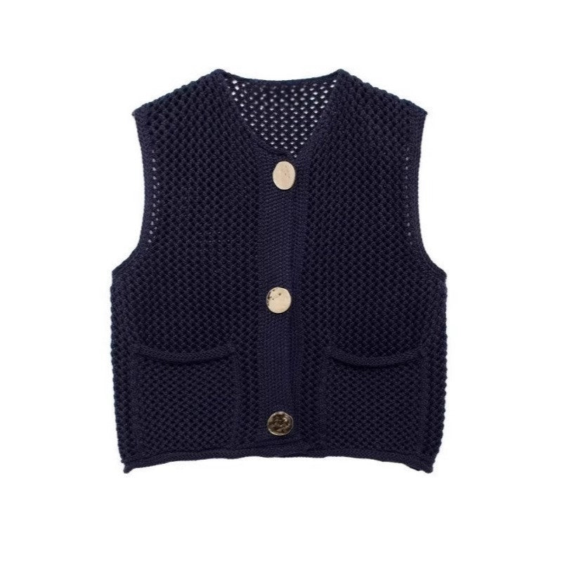 Crochet Hollow Vest – Versatile Round Neck | Soulmate Streetwear by same ANTHEM. - Navy Blue / One Size