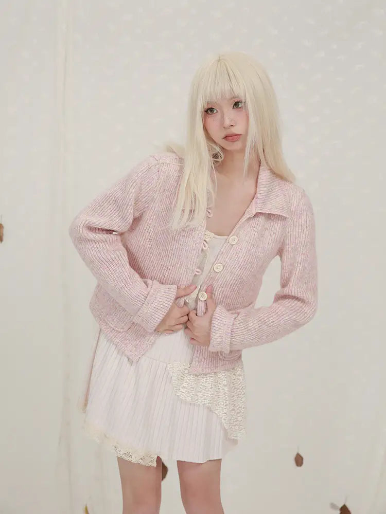 Cropped Long Sleeve Knit Lapel Sweater Cardigan - Bag