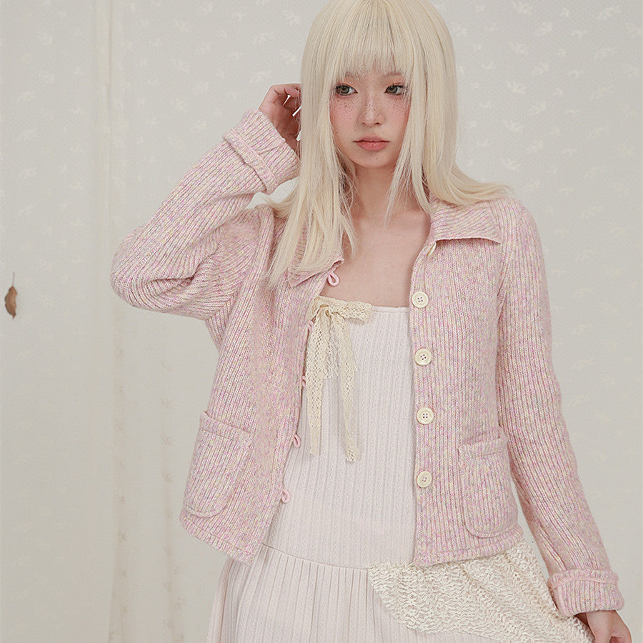 Cropped Long Sleeve Knit Lapel Sweater Cardigan - Bag