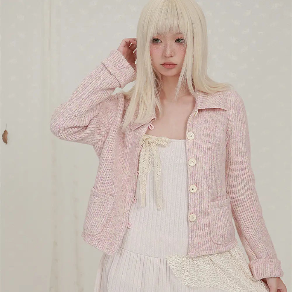 Cropped Long Sleeve Knit Lapel Sweater Cardigan - Bag