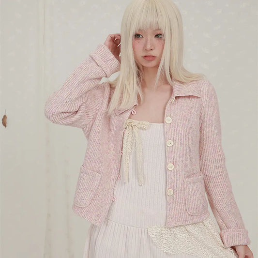 Cropped Long Sleeve Knit Lapel Sweater Cardigan - Bag