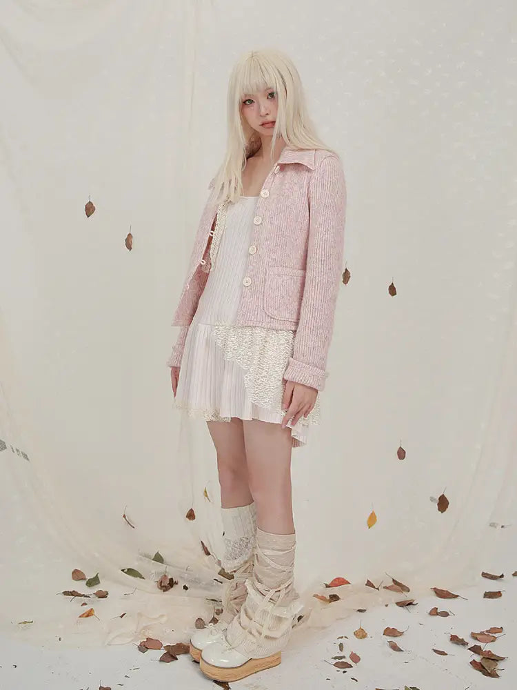 Cropped Long Sleeve Knit Lapel Sweater Cardigan - Bag