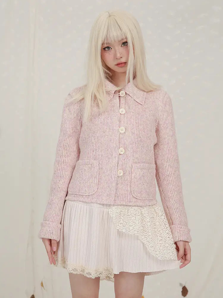 Cropped Long Sleeve Knit Lapel Sweater Cardigan - Bag