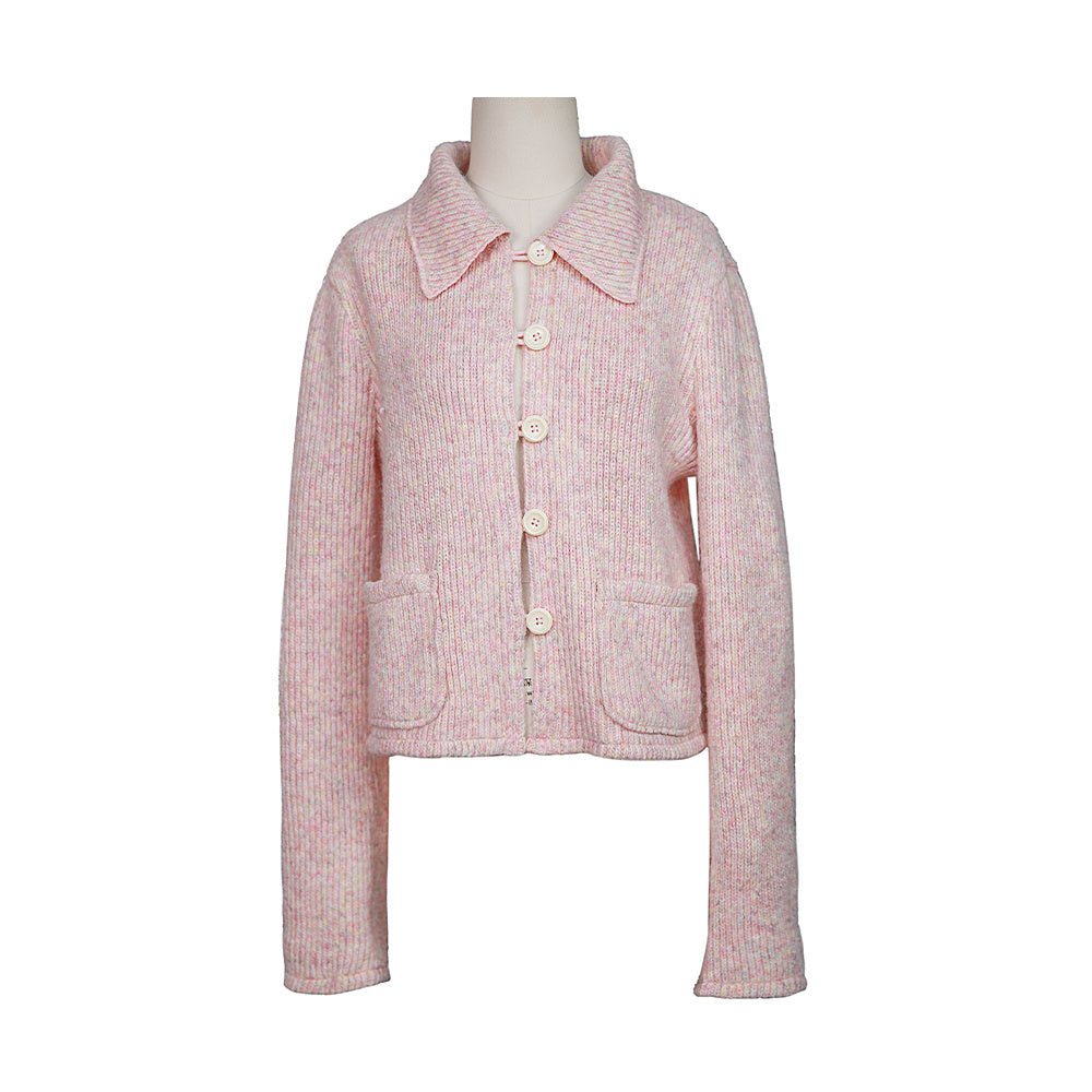 Cropped Long Sleeve Knit Lapel Sweater Cardigan - Pink / L - Bag
