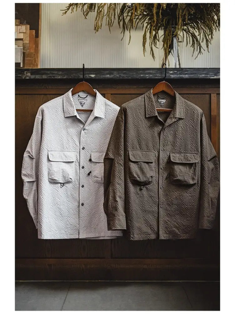 Cuban Collar Seersucker Shirt – Casual Cool Long Sleeve Layer | same ANTHEM