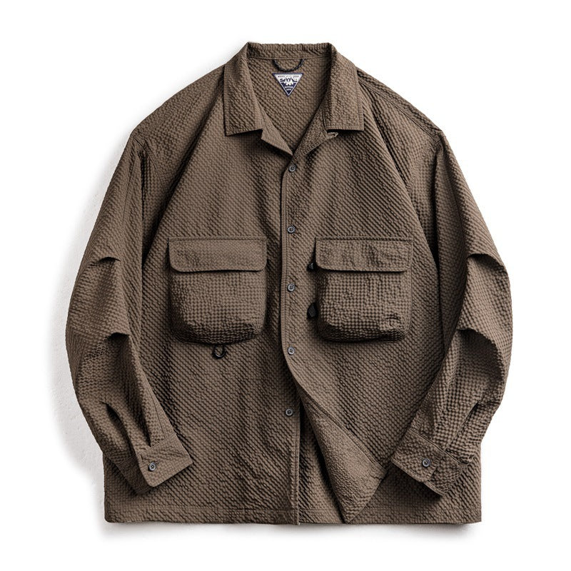 Cuban Collar Seersucker Shirt – Casual Cool Long Sleeve Layer | same ANTHEM - Brown / L