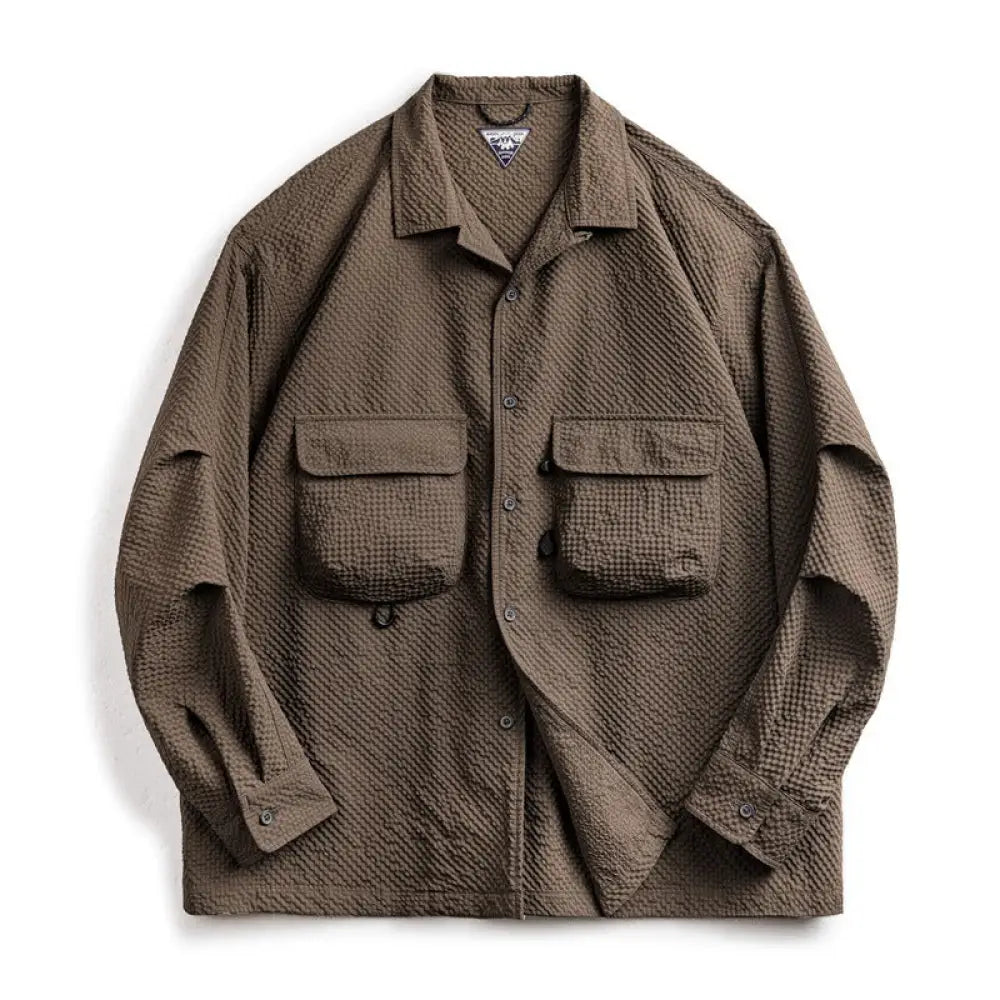 Cuban Collar Seersucker Shirt – Casual Cool Long Sleeve Layer | same ANTHEM - Brown / L