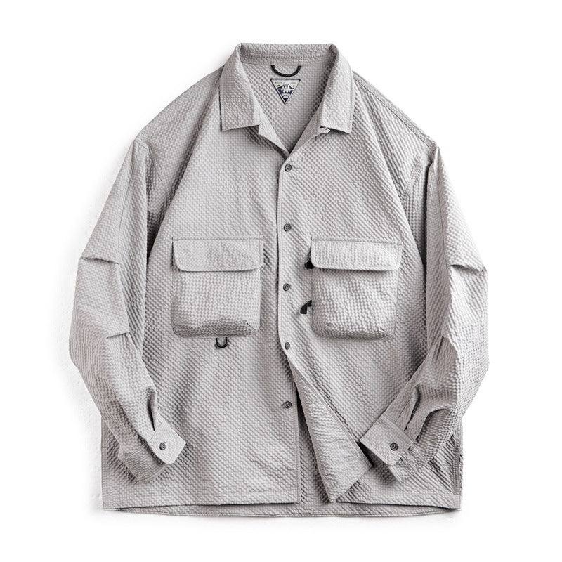 Cuban Collar Seersucker Shirt – Casual Cool Long Sleeve Layer | same ANTHEM - Mud Gray / L