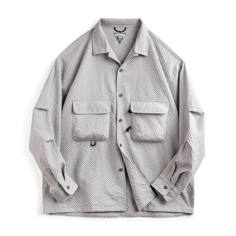 Cuban Collar Seersucker Shirt – Casual Cool Long Sleeve Layer | same ANTHEM - Mud Gray / L
