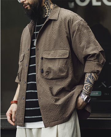 Cuban Collar Seersucker Shirt – Casual Cool Long Sleeve Layer | same ANTHEM