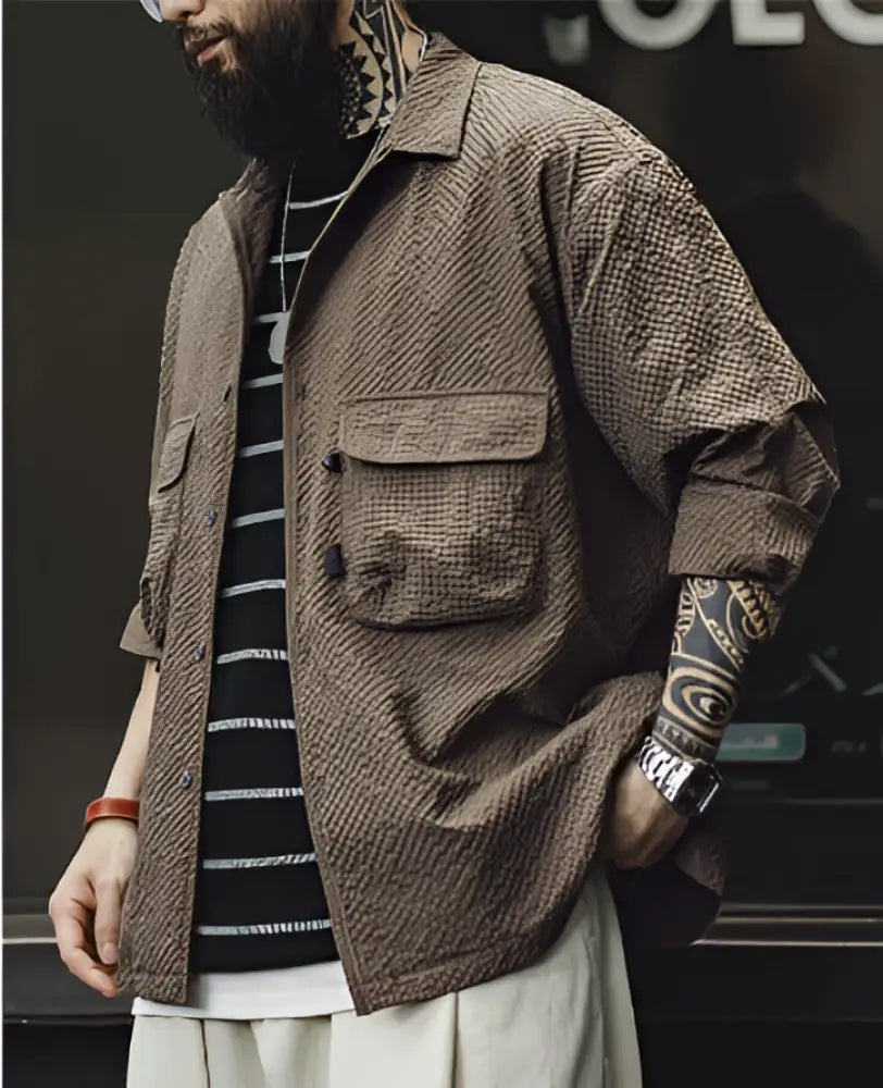 Cuban Collar Seersucker Shirt – Casual Cool Long Sleeve Layer | same ANTHEM
