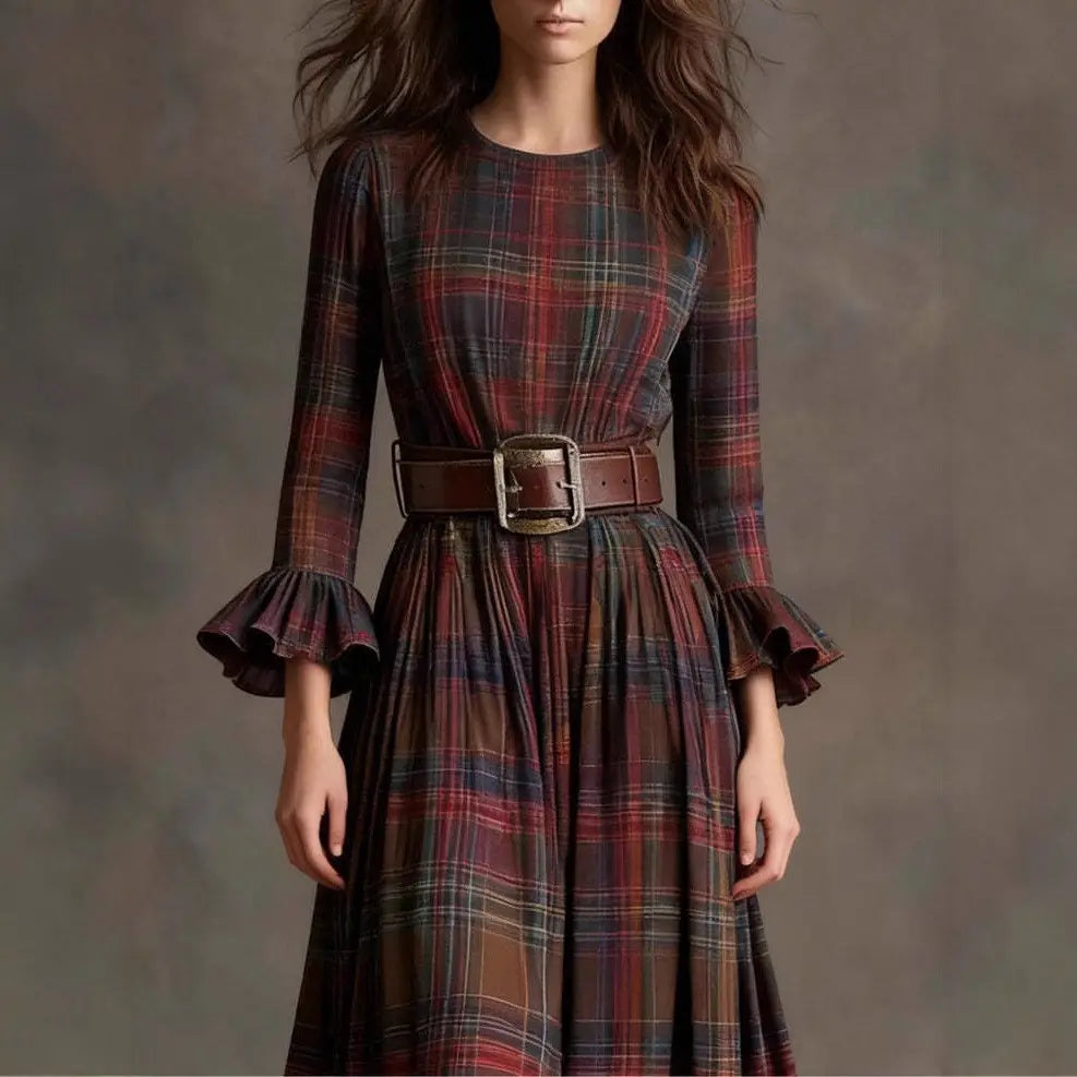 Retro Plaid Slimming Dress With Flared Sleeves For Women